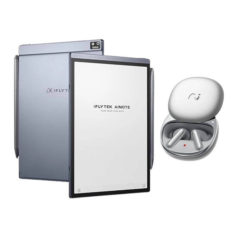 iFLYTEK تابلت AINOTE Air 2 بالحبر مع قلم ستايلس، تحويل الصوت إلى نص، ترجمة لغات، نظام أندرويد، مع سماعات الأذن اللاسلكية Viaim RecDot الذكية باللون الفضي - Image 1